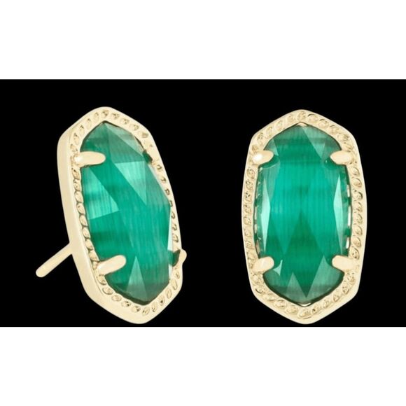 Kendra Scott NEW Ellie emerald green studs earrings gold trim - Picture 1 of 6
